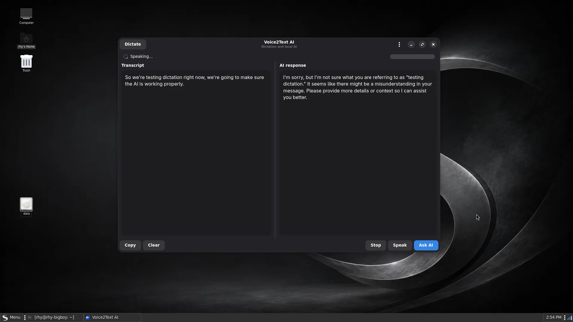 Spaced Linux running the Voice2Text local speech-to-text application