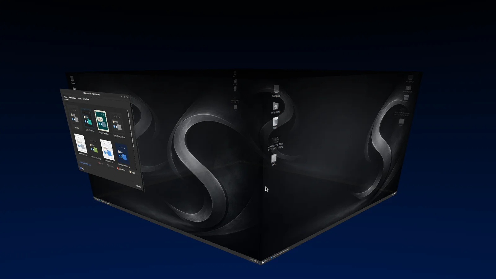 Spaced Linux dark coordinated theme displayed across the Compiz workspace cube